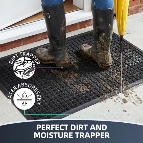 Front Door Mat Outside Entrance, Heavy Duty Waterproof Doormat | 29.5"x17" Indoor/Outdoor Dirt Trapper with Non-Slip Rubber Backing, Low Profile Easy Clean, Stain & Fade Resistant Black