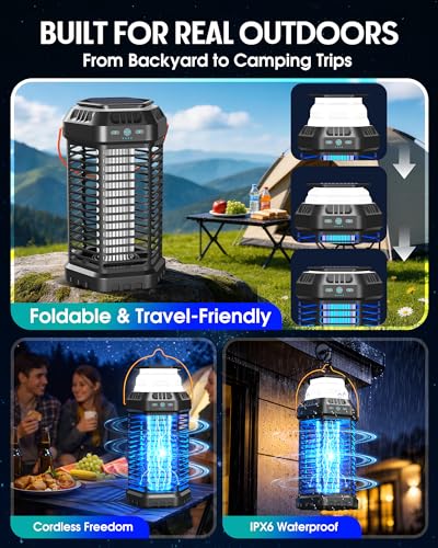 Foldable Solar Bug Zapper Outdoor – Portable 4500V Mosquito Zapper with 12H Battery, USB & Solar Charging, IP66 Waterproof, Ideal for Camping, Patio, Backyard, Indoor & Outdoor Use