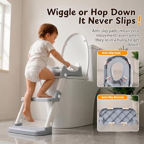 Orzbow Potty Training Seat with Step Stool, Adjustable Height, Anti-Slip | Safety Handles, Comfortable Seat Cushion, Splash Guard for Toddler Boys and Girls, Fits Most Toilets, Foldable Storage, Gray
