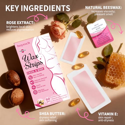 60PCS Wax Strips- 40Facial&20Body Waxing Kit for Women Hair Removal | Wax Strips for Face, Eyebrow, Body, Arms, Legs, Chest, Back, Bikini/Brazilian Waxing Strips & 4 Calming Oil Wipes,Rose
