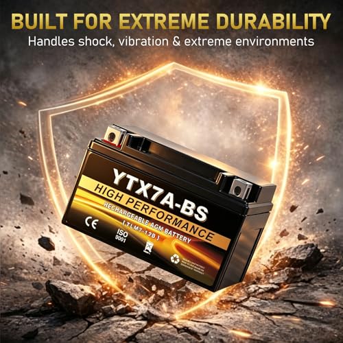 YTX7A-BS 12V 6Ah AGM Sealed Motorcycle Battery, Maintenance-Free, Compatible with GY6 50CC 125CC Scooters & Mopeds