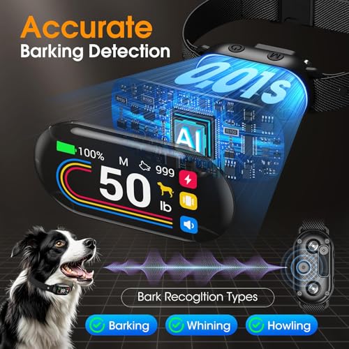 Dog Bark Collar for Small Medium Large Dogs 10-100lbs, Automatic Bark Device with Anti-False Trigger & Bark Count Tracking, 4 Training Modes and 8 Sensitivity to Effectively Stop Barking, Black