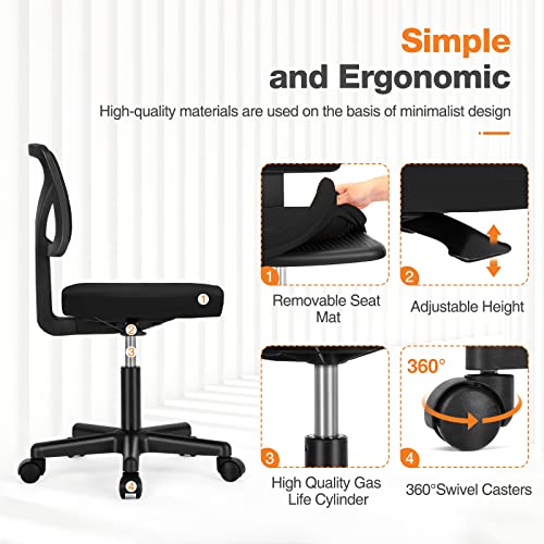 Sweetcrispy Small Armless Desk Chair, Mesh Rolling Office Chairs | Adjustable Ergonomic Lumbar Support, Low-Back, Swivel Wheels, Home Work, Bedroom, Study, Student, Adults, New Black