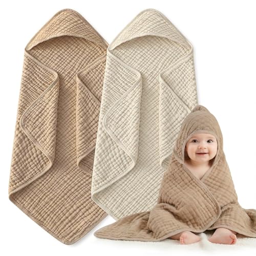 Muslin Hooded Baby Towels 2 Pack, 100% Cotton Baby Bath Towels for Newborn | 6-Layer Muslin Cotton, Ultra Soft & Highly Absorbent, 32x32 Inch, Deep Hood, Newborn to Toddler, Neutral Unisex