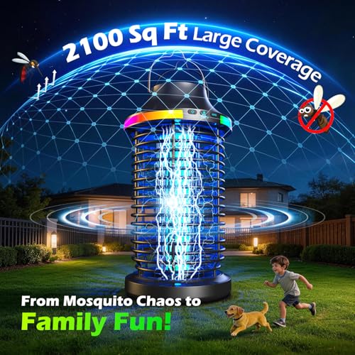 Rechargeable Bug Zapper Outdoor, 4200V Powerful Electric Mosquito Zapper 5-in-1 Portable & Wireless Bug Zapper Outdoor Cordless with 5000mAh Battery, Outdoor Waterproof Fly Zapper for Patio Camp