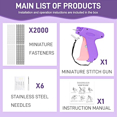 Stitch Gun for Clothes， Handheld Stitch Gun Quick Clothing Fixer，Sewing Kit Includes 1,000 Black Fasteners & 1,000 White Fasteners & 6 Needles (Purple)
