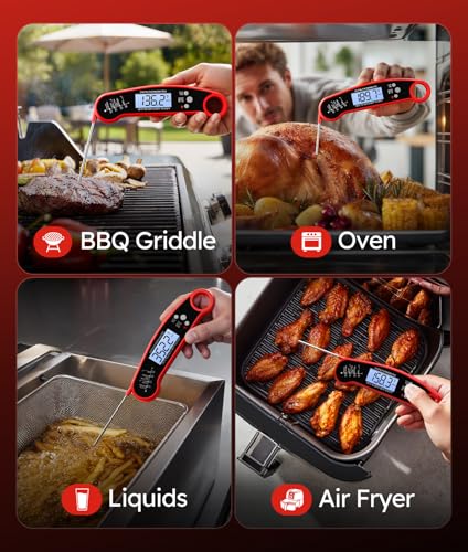 Meat Thermometer Digital, 1-2 Sec Instant Read, Food, Cooking, Grill | Bright Backlit Display, Waterproof for Air Fryer, Smoker, Candy, Kitchen Gadgets, BBQ Essentials, Gift for Men Husband, Red