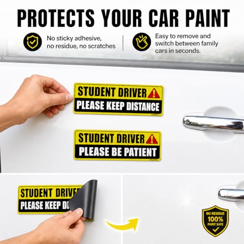 Student Driver Magnet for Car 2 Pack, Large Reflective 10x3.4 in | Please be patient new driver signs, weatherproof, stays on at highway speeds, removes clean, for teen and beginner drivers