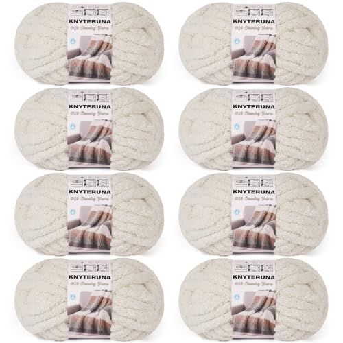 Chunky Yarn for Hand Knitting, #10 Chunky Blanket Chenille Yarn, Large Bulky Thick Jumbo Yarn, Super Chunky Knit Yarn for Crocheting, 8 Skein (8 oz 22 yds Each Skein), Beige White