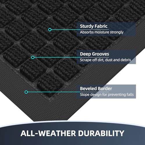 Front Door Mat Outside Entrance, Heavy Duty Waterproof Doormat | 29.5"x17" Indoor/Outdoor Dirt Trapper with Non-Slip Rubber Backing, Low Profile Easy Clean, Stain & Fade Resistant Black