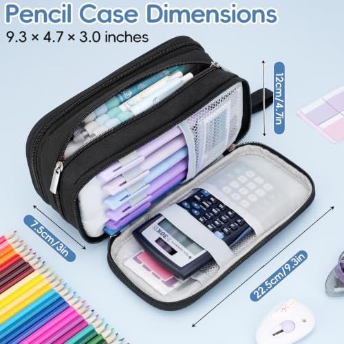 Pencil Case Large Capacity, 3 Compartment Black Big Pen Pouch with Zipper | Durable Stationery Organizer, Portable Marker Pen Bag for Teens, College and High School Students, Adults and Teachers