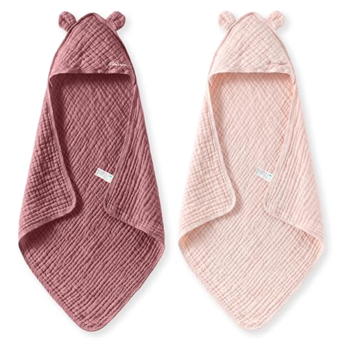 Momcozy 6-Layer Muslin Cotton Baby Towels with Hood, 32x32 Inch, Pink | 6-Layer 100% Cotton Muslin Hooded Baby Towel Set for Newborn, Infant & Toddler, Soft Absorbent Baby Bath Essentials
