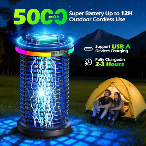 Rechargeable Bug Zapper Outdoor, 4200V Powerful Electric Mosquito Zapper 5-in-1 Portable & Wireless Bug Zapper Outdoor Cordless with 5000mAh Battery, Outdoor Waterproof Fly Zapper for Patio Camp