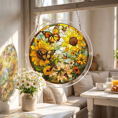 Acrylic Jigsaw Puzzle Suncatcher, Stained Glass Suncatcher Puzzle | Sunflower and Butterfly Sun Catcher Jigsaw Puzzle Window Hanging, Acrylic Puzzles Kit, Mothers Day Birthday Gifts, 7.87 Inch