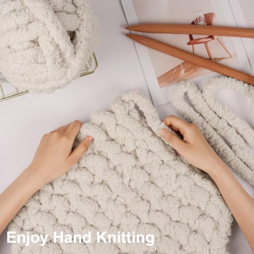Chunky Yarn for Hand Knitting, #10 Chunky Blanket Chenille Yarn, Large Bulky Thick Jumbo Yarn, Super Chunky Knit Yarn for Crocheting, 8 Skein (8 oz 22 yds Each Skein), Beige White