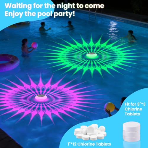 2026 Upgrade Solar Pool Chlorine Floater 3 Inch Tablets(1 Pack), 1800mAh Floating Pool Lights with Remote, 42 Lighting, Timer Function, IP68 Waterproof for Inground/Above Ground Pool, Pool Party, SPA