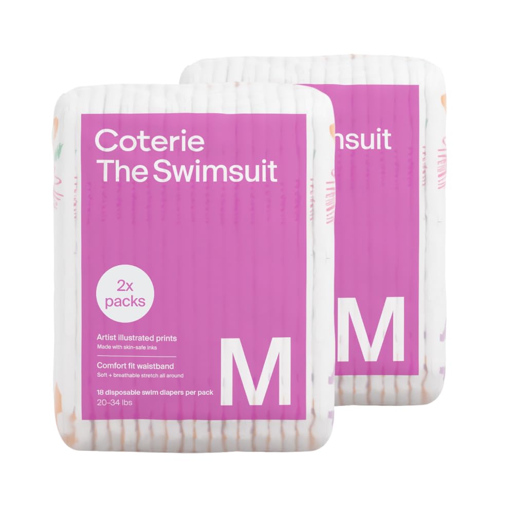 Coterie Baby Swim Diapers, Size Medium (20-34 lbs), 2-Pack | Includes 36 total swim diapers (2-Packs x 18), perfect for pool & beach, hypoallergenic, plant-based, no-swell design