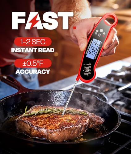 Meat Thermometer Digital, 1-2 Sec Instant Read, Food, Cooking, Grill | Bright Backlit Display, Waterproof for Air Fryer, Smoker, Candy, Kitchen Gadgets, BBQ Essentials, Gift for Men Husband, Red
