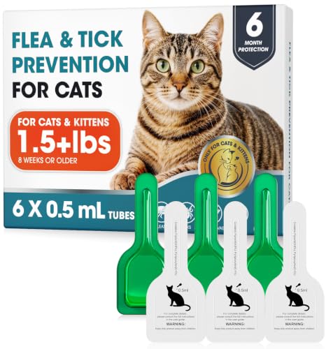Topical Flea and Tick for Cats & Kittens Over 1.5 lbs, Waterproof, Monthly At-Home Cat Care for Cats 8 Weeks or Older, 6-Dose Supply