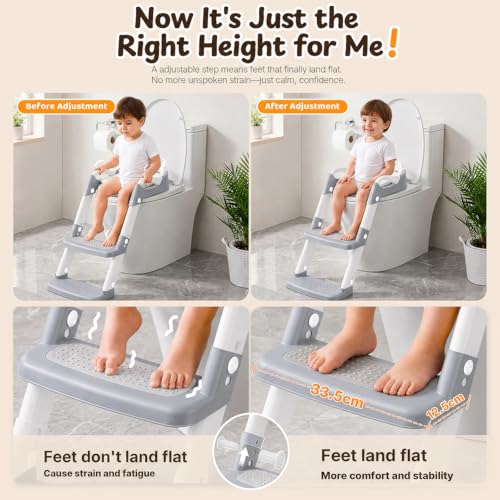 Orzbow Potty Training Seat with Step Stool, Adjustable Height, Anti-Slip | Safety Handles, Comfortable Seat Cushion, Splash Guard for Toddler Boys and Girls, Fits Most Toilets, Foldable Storage, Gray