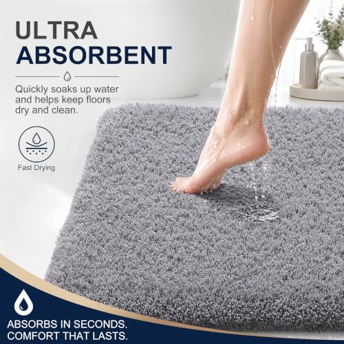 OLANLY Microfiber Bathroom Rugs 30x20, Soft Highly Absorbent Bath Mat, Grey | Quick‑Dry & Non‑Slip Bath Carpet, Machine Washable Plush Floor Mat for Bathroom, Shower, Sink, Home Decor Accessories
