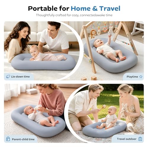 Baby Lounger for Newborns 0-24 Months - Baby Essentials | Soft Breathable Cotton Infant Support Cushion for Tummy Time & Play, Portable Infant Lounger - Navy Blue (Cover Included)
