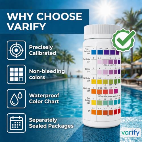 7 in 1 Pool Test Strips (150 Strips) - Easy to Use Water Testing Kit for Pool, Spa, Hot Tub & More - Tester Strip for Water Hardness, Chlorine, Bromine, pH, Alkalinity and Cyanuric Acid