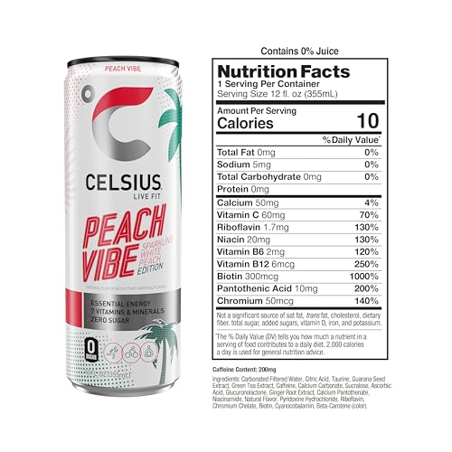 CELSIUS PEACH VIBE Sparkling White Peach, Sugar Free Energy Drink, 12 Fl Oz (Pack of 12)