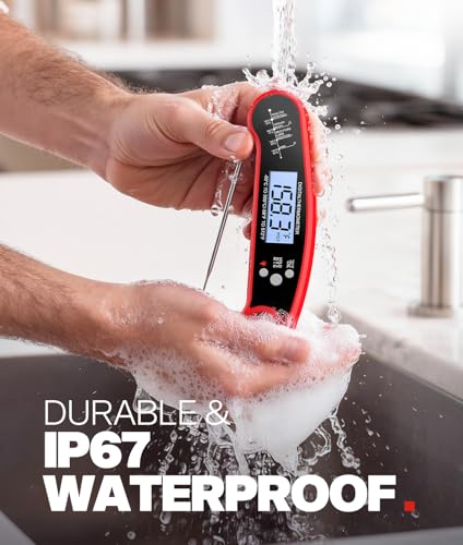 Meat Thermometer Digital, 1-2 Sec Instant Read, Food, Cooking, Grill | Bright Backlit Display, Waterproof for Air Fryer, Smoker, Candy, Kitchen Gadgets, BBQ Essentials, Gift for Men Husband, Red