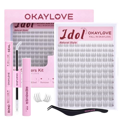 OKAYLOVE Idol Natural Lash Clusters Kit Clear Band Eyelash Clusters Kit CC Curl 9-16mm Cluster Eyelash Extensions DIY Wispy Individual Lashes with Bond and Seal, Remover, Tweezers for Korean Makeup