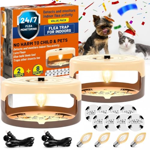 2 Pack Flea Traps for Inside Your Home, Indoor Flea Traps with 8 Sticky Pads, Flea Monitoring Trap for Home, Sticky Insect Catcher for Fleas, Moths & Gnats