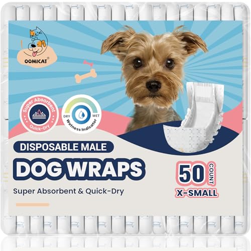 Dog Diapers Male, X-Small 50 Ct, Super Absorbent Male Dog Wraps with Wetness Indicator, Soft Pearl Weave Non-Woven Fabric, Breathable Belly Bands for Male Dogs, Fit for Chihuahua, Yorkshire