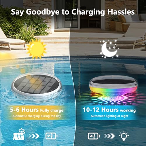 Solar Powered Floating Pool Lights(2 Pack), Pool Lights That Float with Remote Control, 12 Lighting, Timing Mode, IP67 Waterproof for Inground/Above Ground Pool, Pool Party, Bathroom, Bathtub, Garden