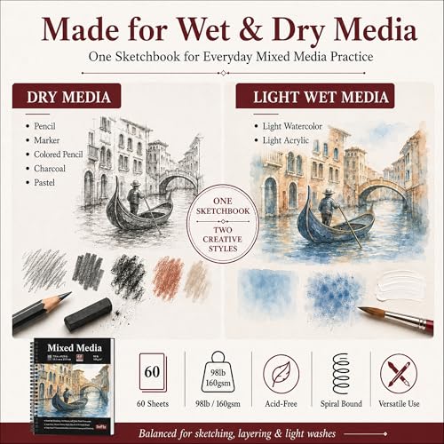 SuFly Mixed Media Sketchbook 9x12, Mixed Media Paper_98lb/160gsm, 60 Sheets | Mixed Media Pad, Thick Drawing Paper Pad, Spiral Sketch Pads for Drawing, Watercolor Paper for Art Class & Painting Supplies