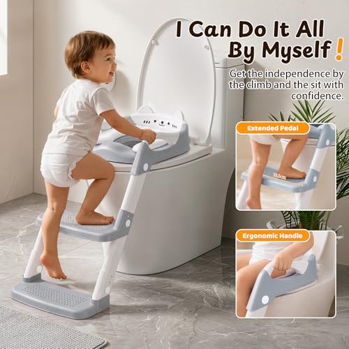 Orzbow Potty Training Seat with Step Stool, Adjustable Height, Anti-Slip | Safety Handles, Comfortable Seat Cushion, Splash Guard for Toddler Boys and Girls, Fits Most Toilets, Foldable Storage, Gray