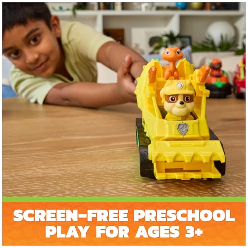 PAW Patrol The Dino Movie Rubble Dino Rescue Bulldozer Toy Truck | 7-Inch Toy Construction Vehicle, Chomping Front Scoop, Articulated Back Claw, Rubble & Dinosaur Figures, Kids Toys Ages 3+