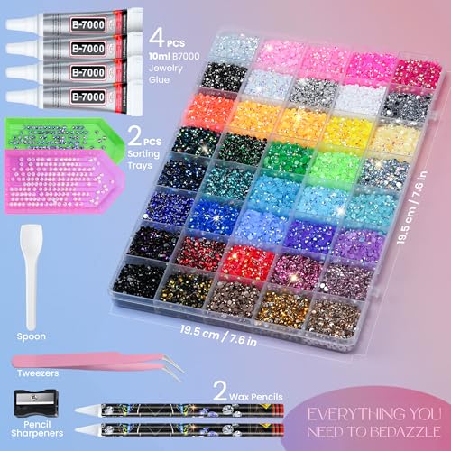50000Pcs Bedazzling Kit with Rhinestones 3mm, 40 Colors Bedazzler Kit Resin Rhinestones Nail Gems & Glitter Gem Art Supplies, Diamond Art Kits Accessories with Pickup Pen, 4pcs 10ml B7000 Glue
