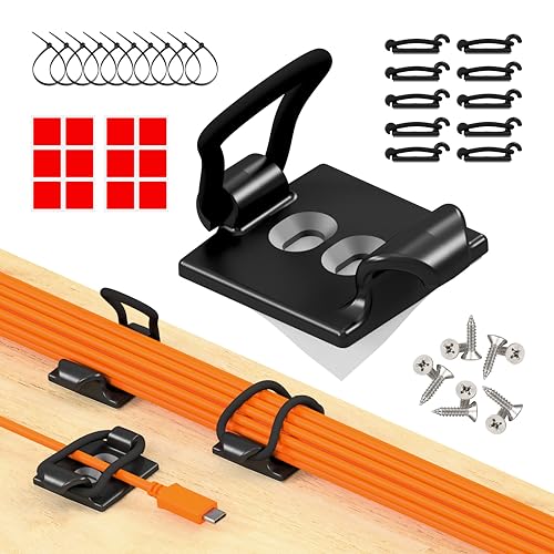 [Made in the UK] 10-Pack Adjustable Elastic Adhesive Cable Clips, Wire Management Holder, Cord Organizer for Home Office, Under Desk, Behind TV, Phone Charger, Laptop, PC, HDMI, USB (Black)