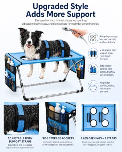 Dog Grooming Hammock Stand, Foldable Dog Bath Holder Sling Shower Chair | Heavy-Duty Pet Bath Stool for Small & Medium Dogs, Home Salon Grooming, Washable Mesh, Joint Support & Restraint(Blue,Base)