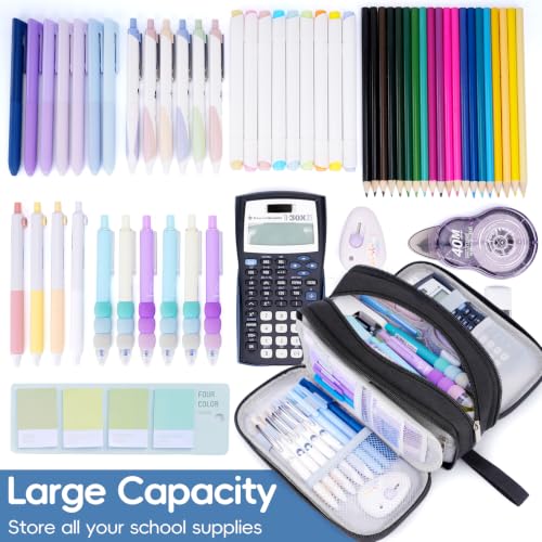 Pencil Case Large Capacity, 3 Compartment Black Big Pen Pouch with Zipper | Durable Stationery Organizer, Portable Marker Pen Bag for Teens, College and High School Students, Adults and Teachers