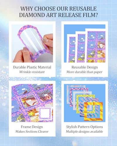 ForeverYoung Reusable Diamond Art Release Film 30 PCS Gradient Rainbow | Non-stick release paper for diamond painting. 10×10cm reusable sheets help section artwork easily and keep workspace clean.