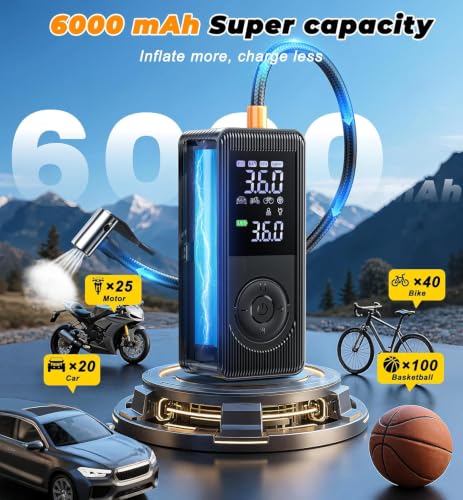 Tire Inflator Portable Air Compressor - 150 PSI 4X Fast Inflation Rechargeable Battery & 12V DC Adapter Powered Air Pump for Car Bike Motorcycle Tires Balls with LCD Display, LED Light