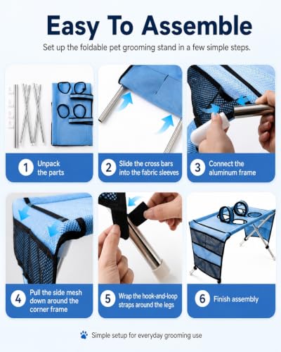 Dog Grooming Hammock Stand, Foldable Dog Bath Holder Sling Shower Chair | Heavy-Duty Pet Bath Stool for Small & Medium Dogs, Home Salon Grooming, Washable Mesh, Joint Support & Restraint(Blue,Base)
