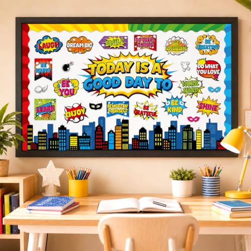Hero Themed Mental Health Bulletin Board Set Motivational Classroom Decor Today is Good Day Inspirational Affirmation Super Themed Cutouts for Back to School Party Classroom Chalkboard Wall Door Decor