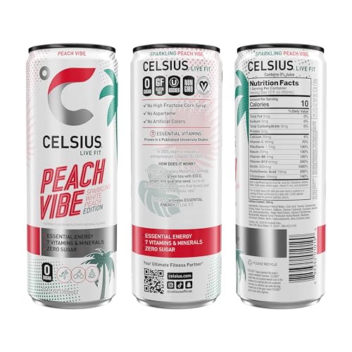 CELSIUS PEACH VIBE Sparkling White Peach, Sugar Free Energy Drink, 12 Fl Oz (Pack of 12)
