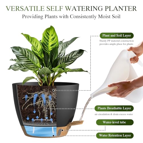 Self Watering Pots with Drainage Holes, 3 Pack 12/10/8 Inch Plant Pots with Water Level Indicator Deep Reservoir, Large Plastic Planter for Indoor Outdoor Plants - Black Brown