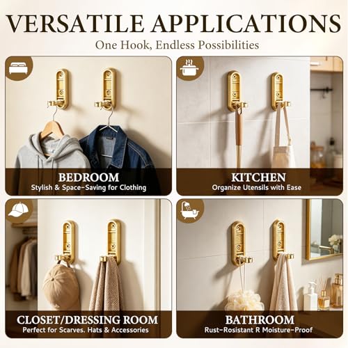 Folding Wall Hooks, 2 Pack Gold Heavy Duty Coat Hooks, Screw Mounted | Zinc Alloy Foldable Hooks, Hold up to 44 lbs, 90° Fold-Down Design for Clothes, Towels, Bags and Keys