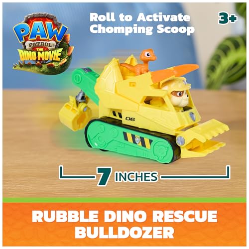PAW Patrol The Dino Movie Rubble Dino Rescue Bulldozer Toy Truck | 7-Inch Toy Construction Vehicle, Chomping Front Scoop, Articulated Back Claw, Rubble & Dinosaur Figures, Kids Toys Ages 3+