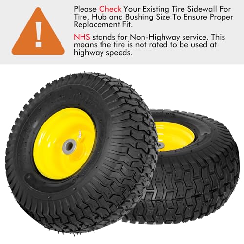 2 Pack 15x6.00-6 Lawn Mower Front Tire and Wheel Assembly, Fits John Deere Riding Mowers 100 & 300 Series, 3" Offset Hub, 3/4", 5/8" & 1/2" Bushings