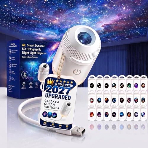 2027 Upgraded Hd Smart Dynamic 5d Holographic Night Light Projector, Plug and Play Hd Star Projector, 360° Adjustable Galaxy and Ocean for Bedroom Ceiling（24 Projection Films）